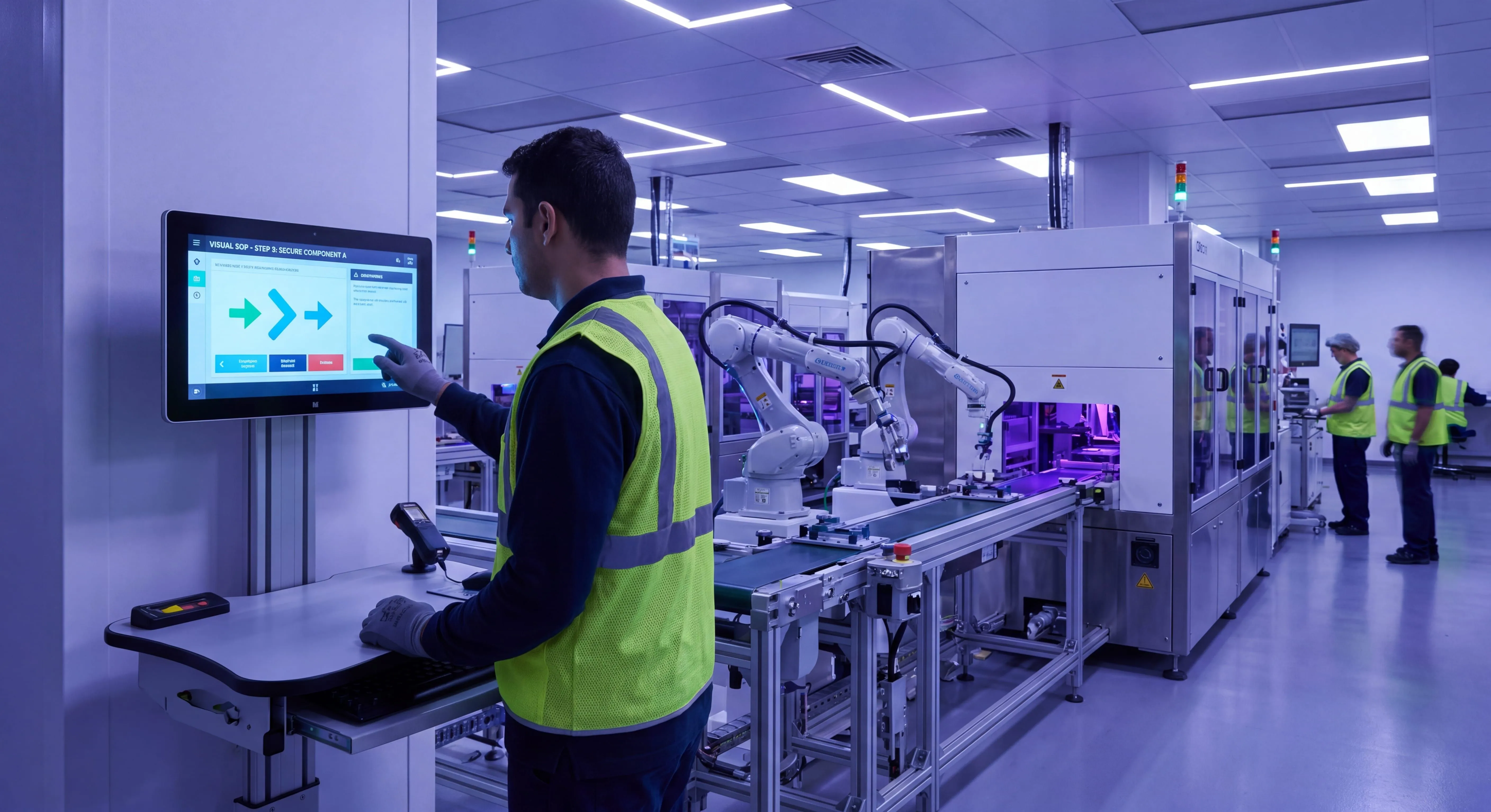 Operator following a visual SOP for manufacturing on a tablet next to a production line workstation
