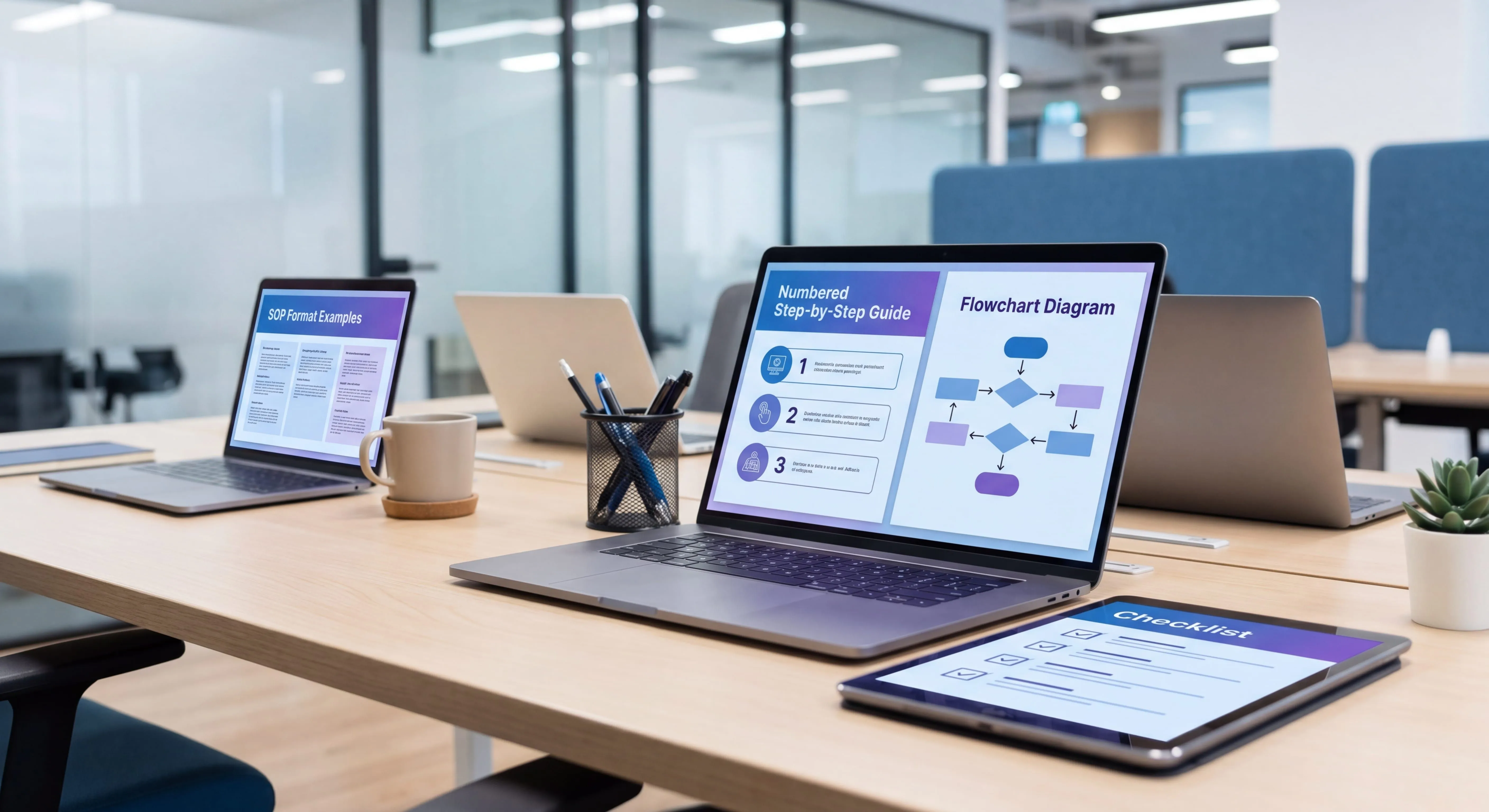 SOP format examples on laptop and tablet showing step-by-step guide, flowchart, and checklist layouts