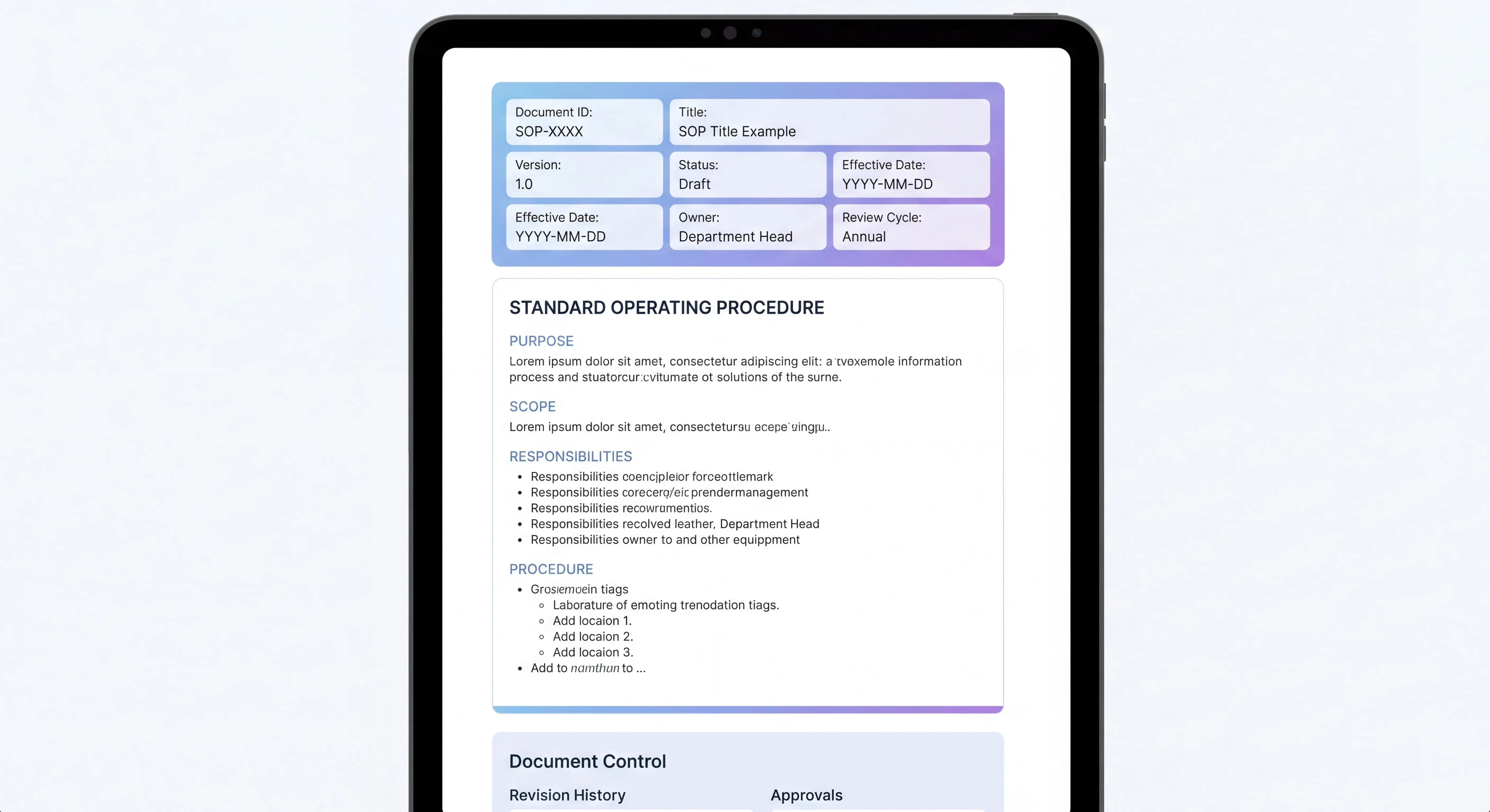 SOP header template showing structured metadata fields at the top of a professional document