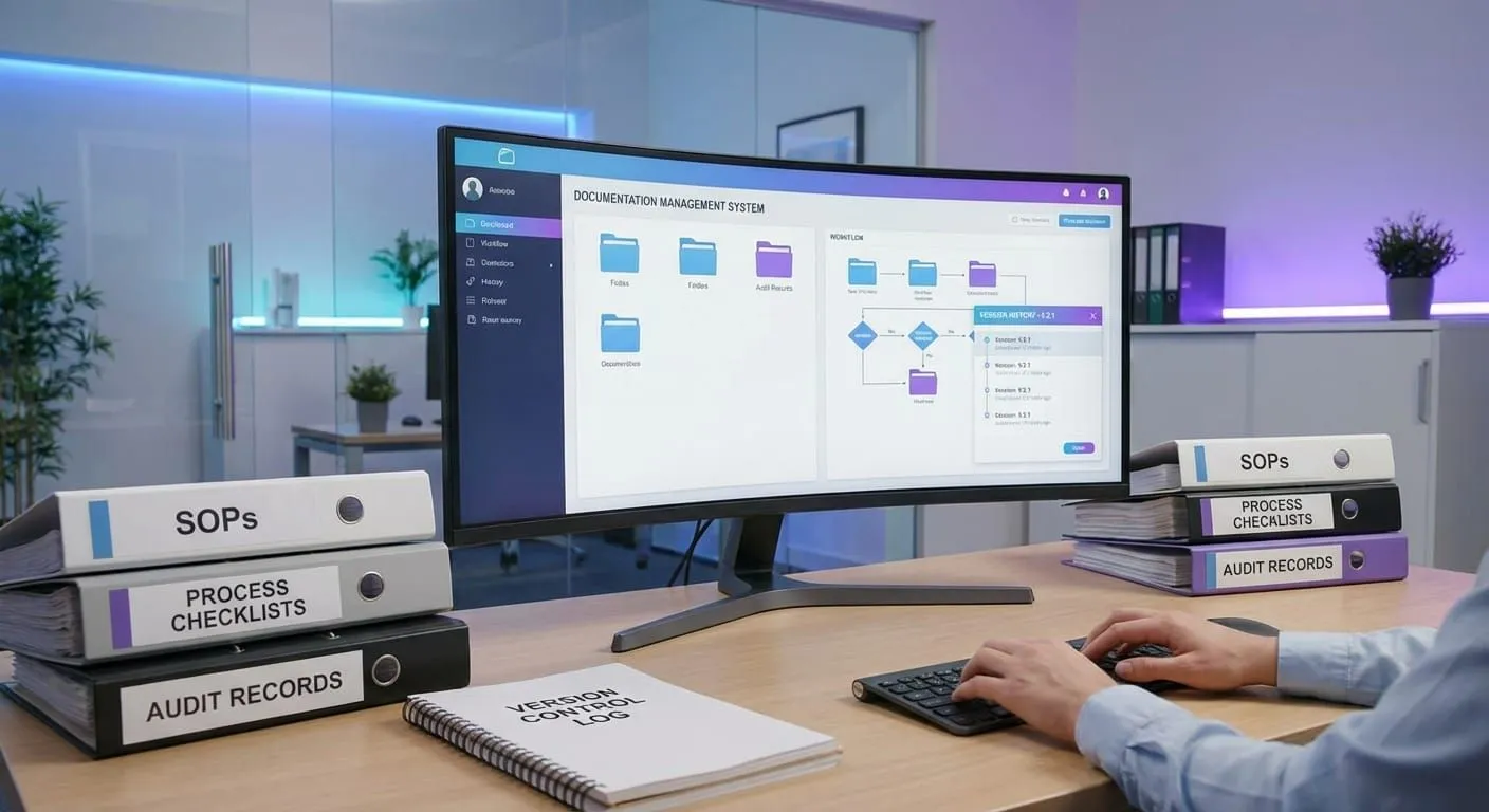 SOP management workspace showing documentation system with organized folders and version control on computer screen