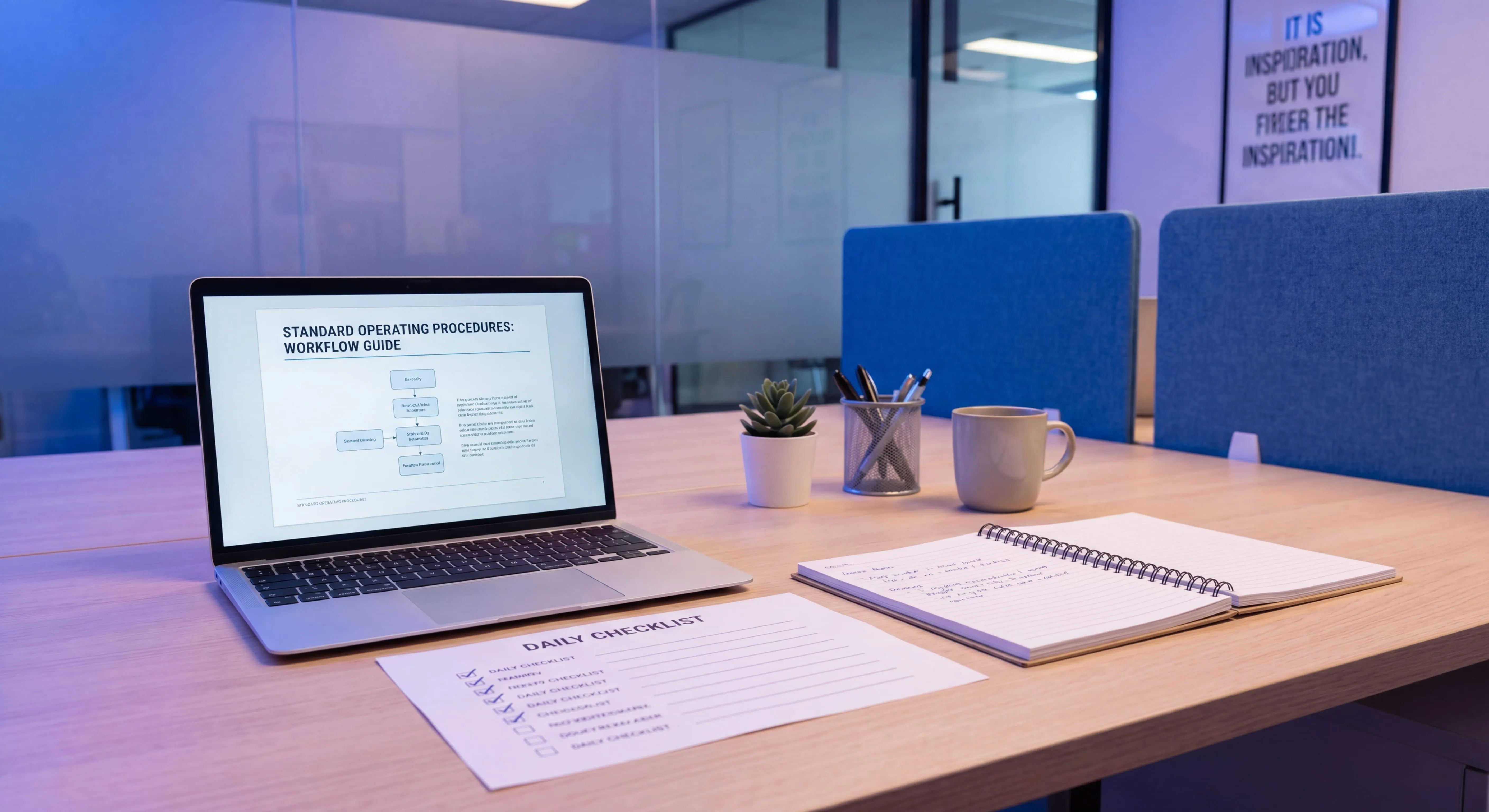 Laptop displaying a standard operating procedure on a tidy small business desk, illustrating SOP meaning in business