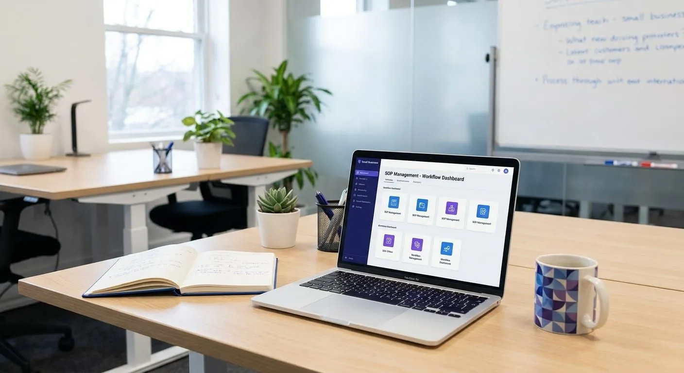 Laptop showing SOP software for small business on a clean modern office desk