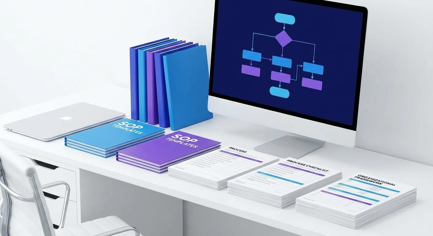 SOP template documents with checklists and structured forms on professional workspace desk