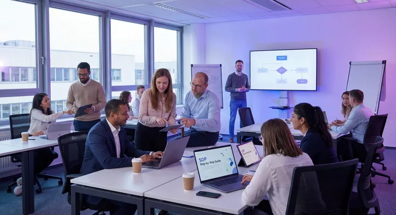 Professional SOP training session with mentor guiding employee through standard operating procedures