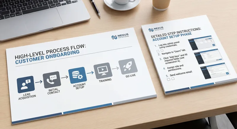 SOP vs work instructions comparison showing high-level process flow and detailed step-by-step documentation