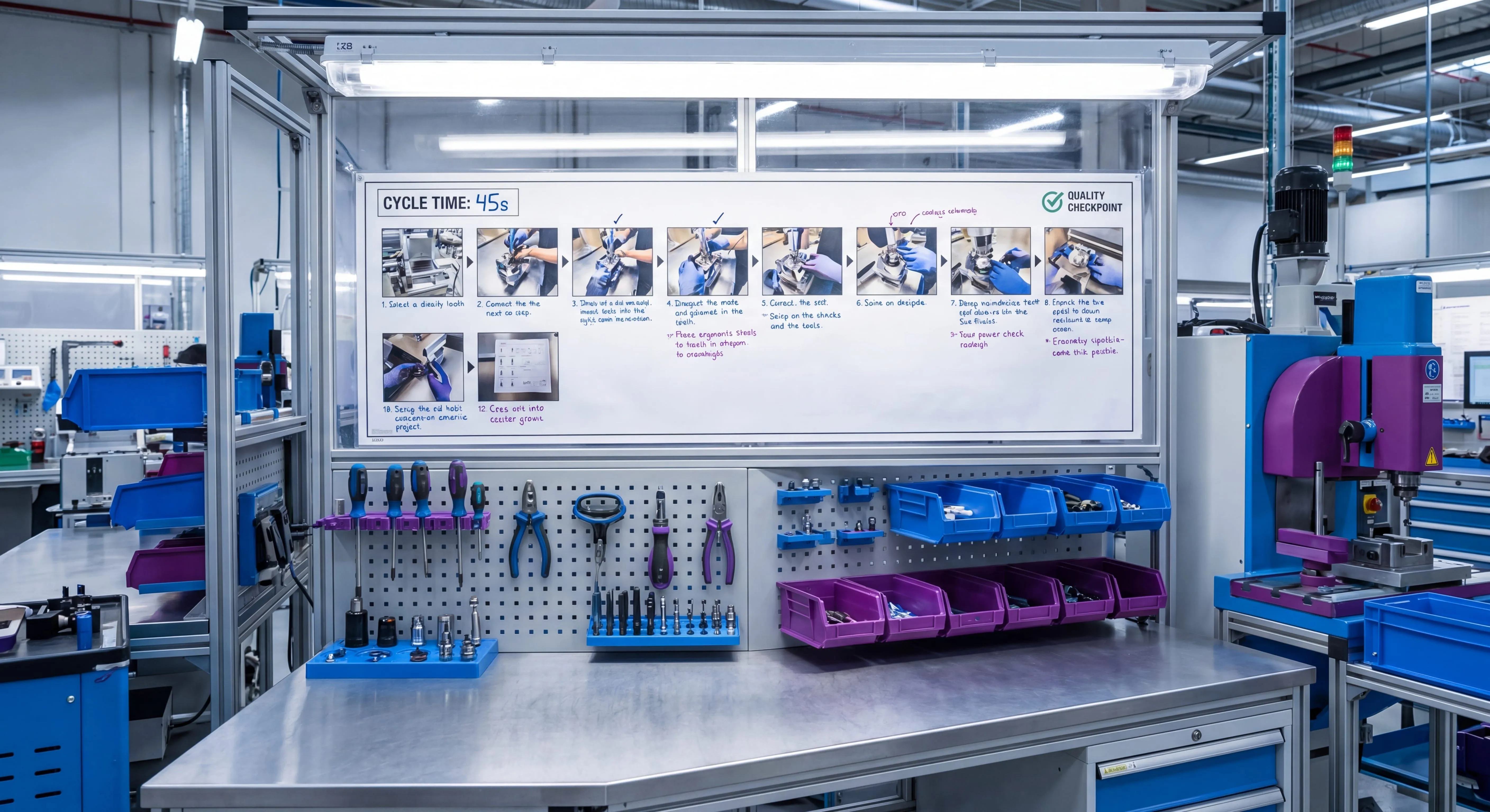 Standard work instructions posted at a manufacturing workstation with step photos, takt time, and quality checkpoints
