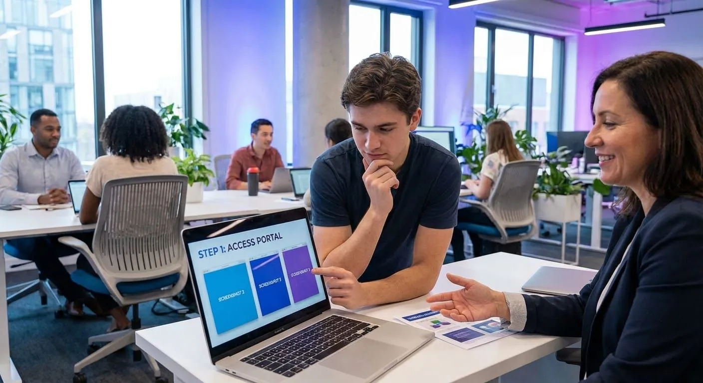 New hire learning from visual documentation guides on laptop in modern office training session