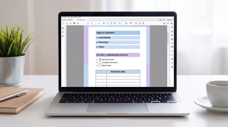 Training manual template with structured sections, checklists, and step-by-step procedures ready to fill in