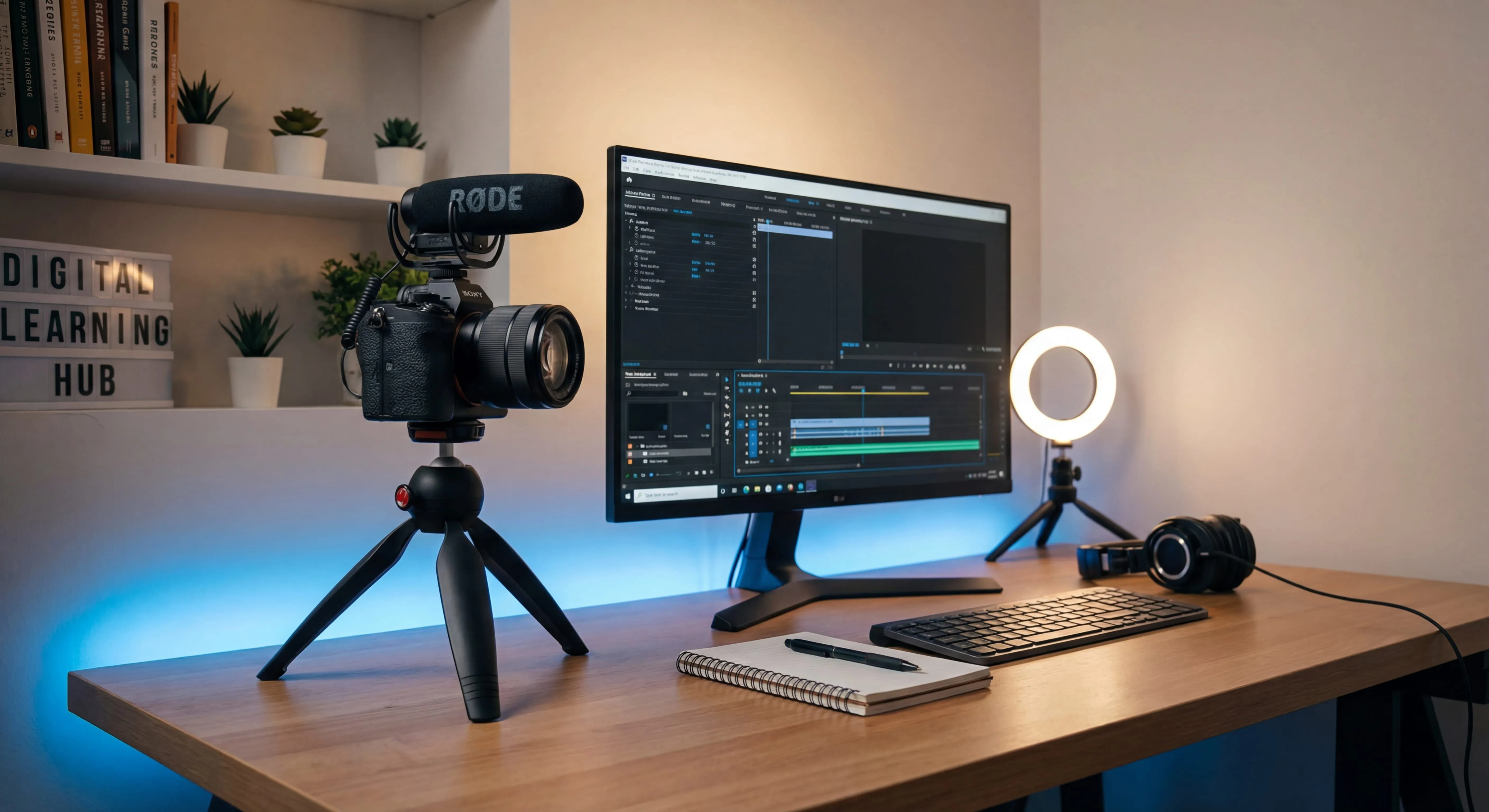 Professional training video production setup with employees creating effective learning content