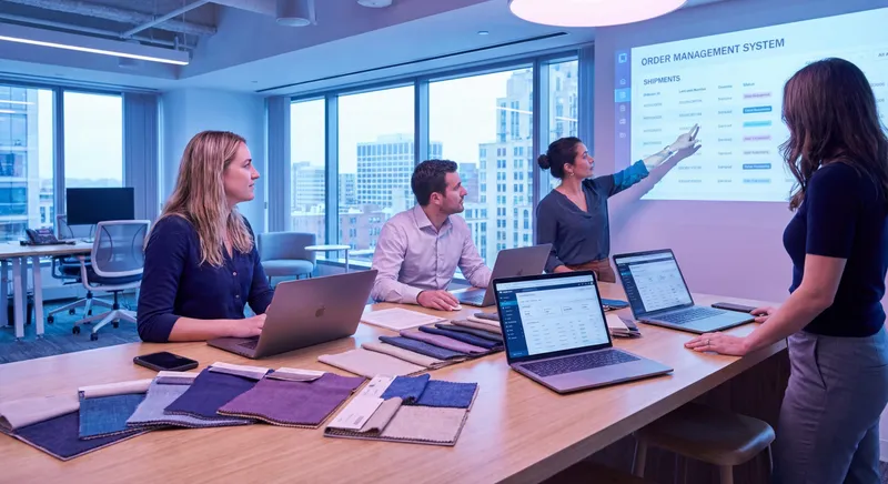 Fashion wholesale team training on UpHance order management software in a modern office