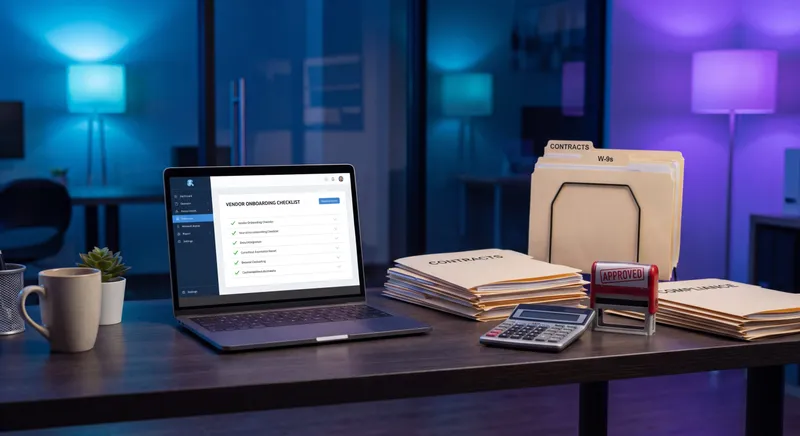 Vendor onboarding process checklist on a laptop with W-9 tax forms, banking details, and supplier approval paperwork on a finance ops desk