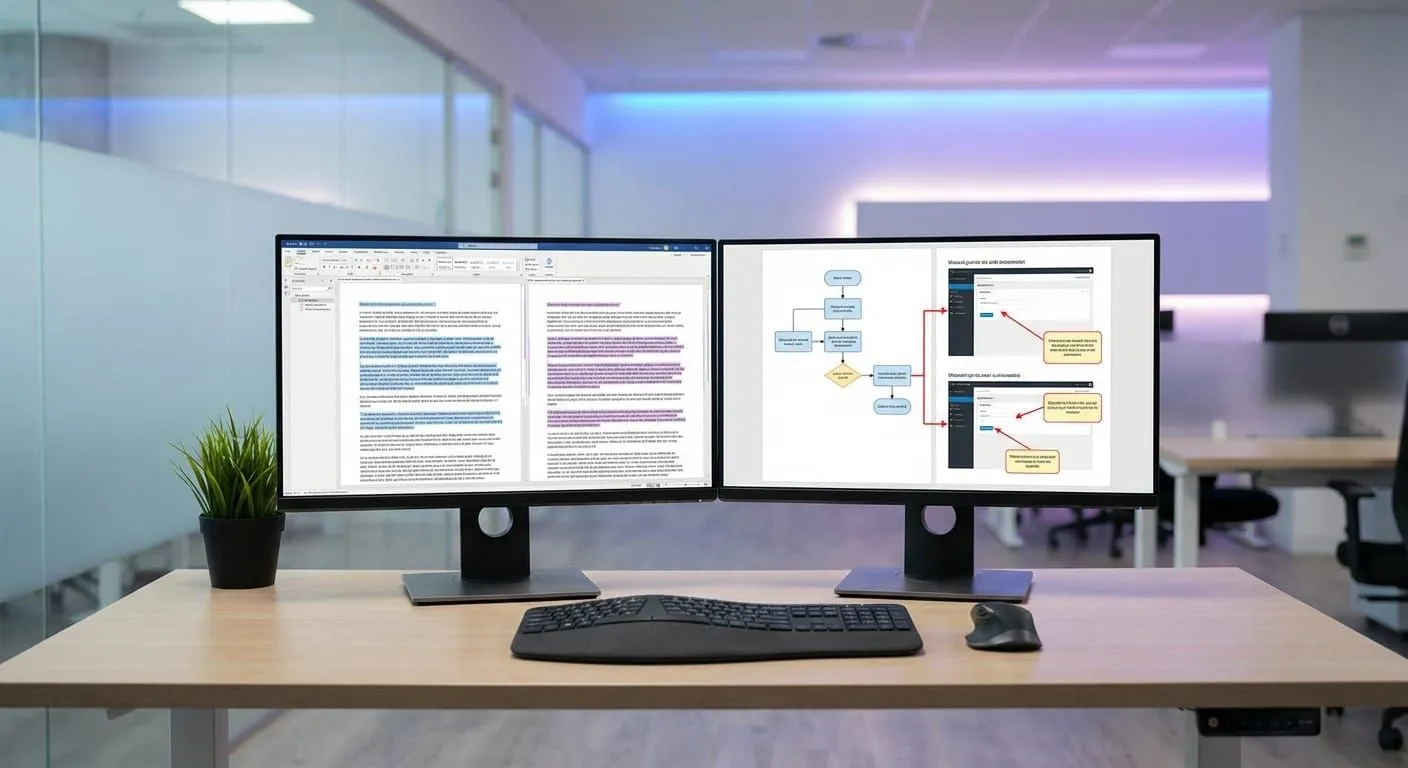 Dual monitors comparing text-only documentation versus visual SOPs with screenshots and annotations in professional office