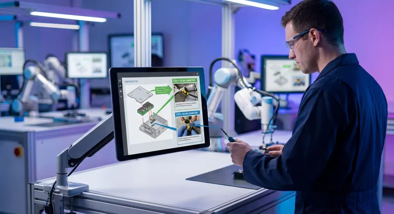 Visual work instructions displayed on tablet with step-by-step images and annotations in manufacturing workspace