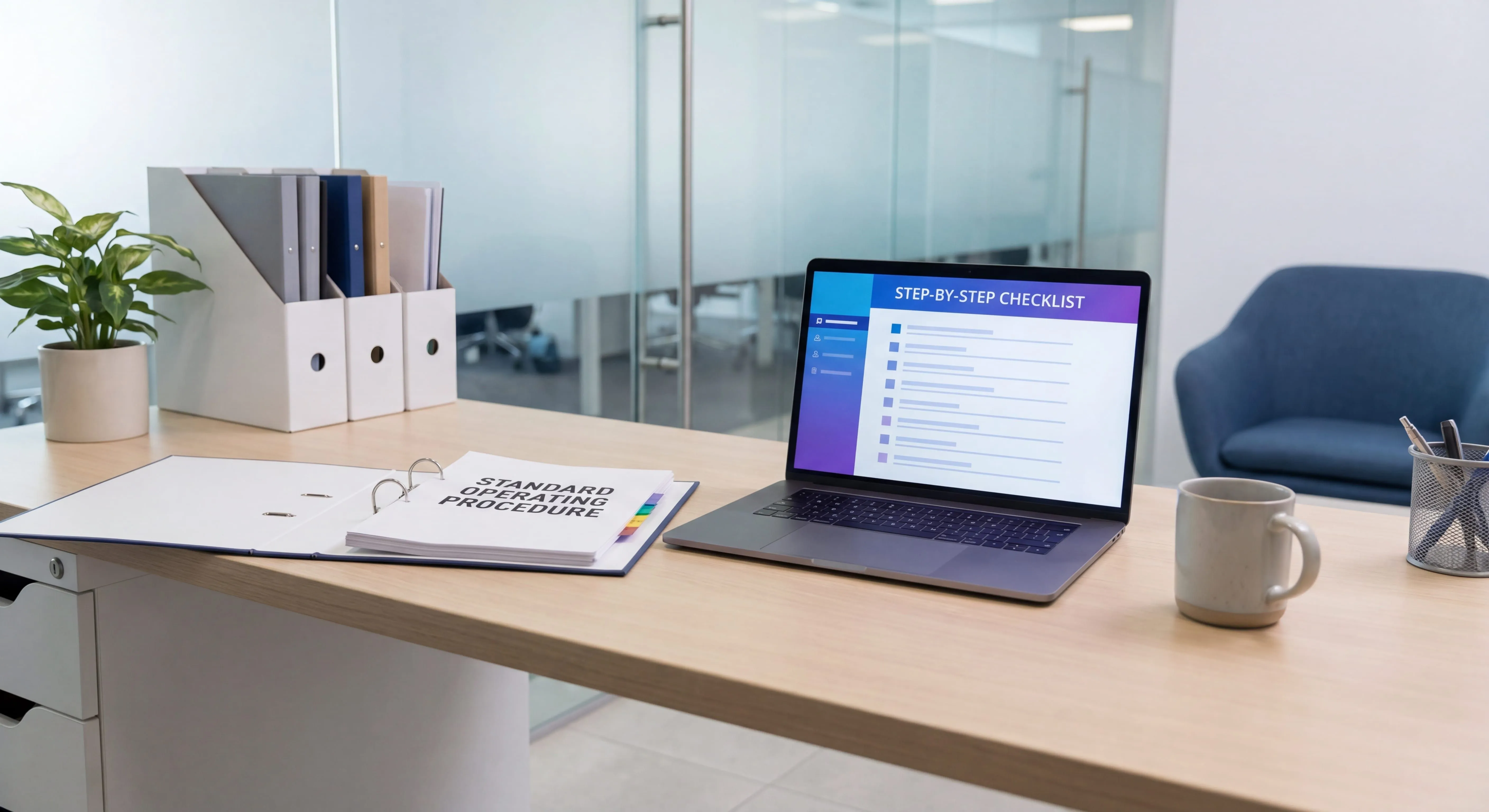 Standard Operating Procedure document and step-by-step checklist on laptop in modern office