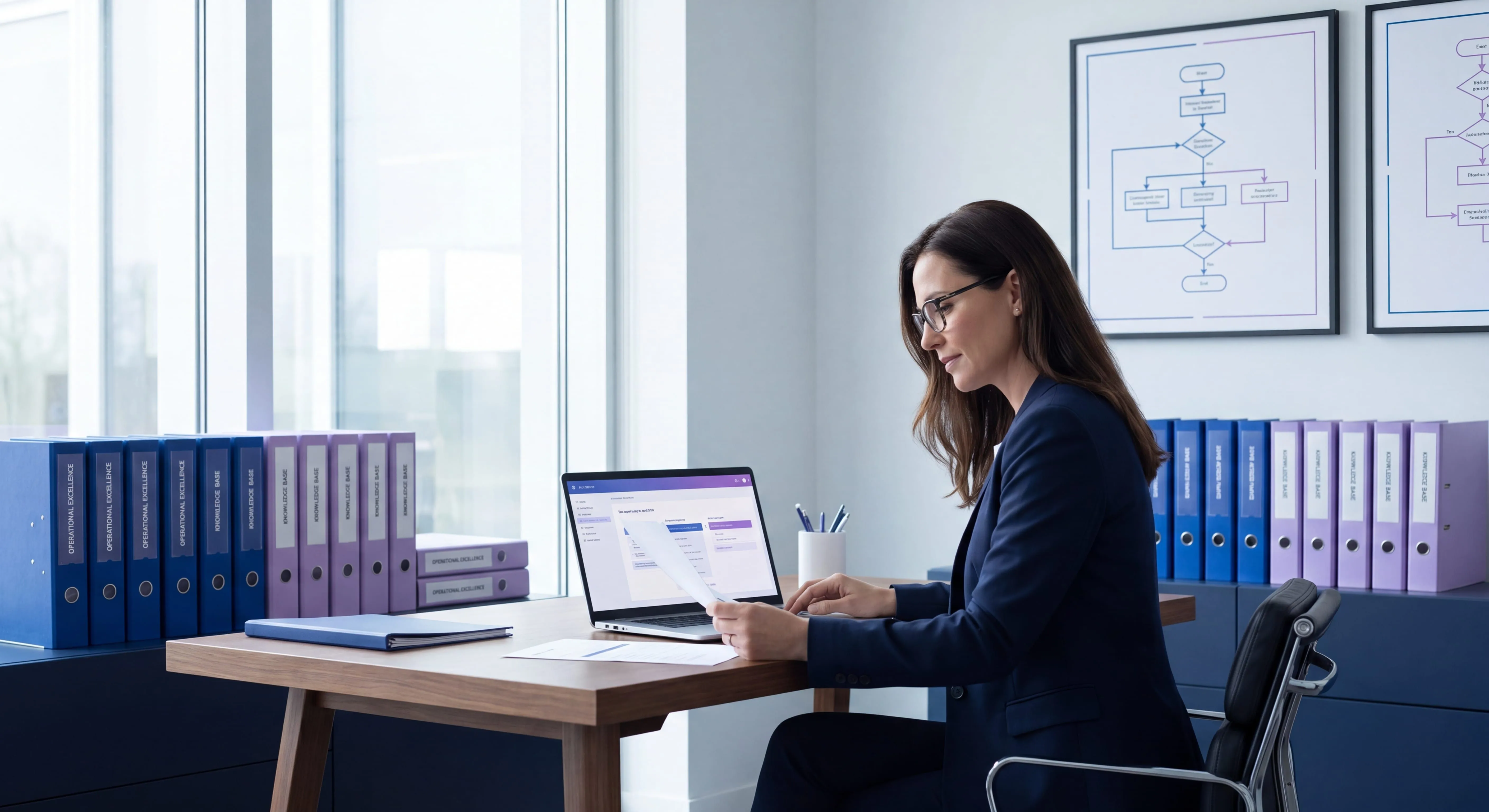 Business owner reviewing documented standard operating procedures on laptop with process flowcharts, illustrating why SOPs matter for business