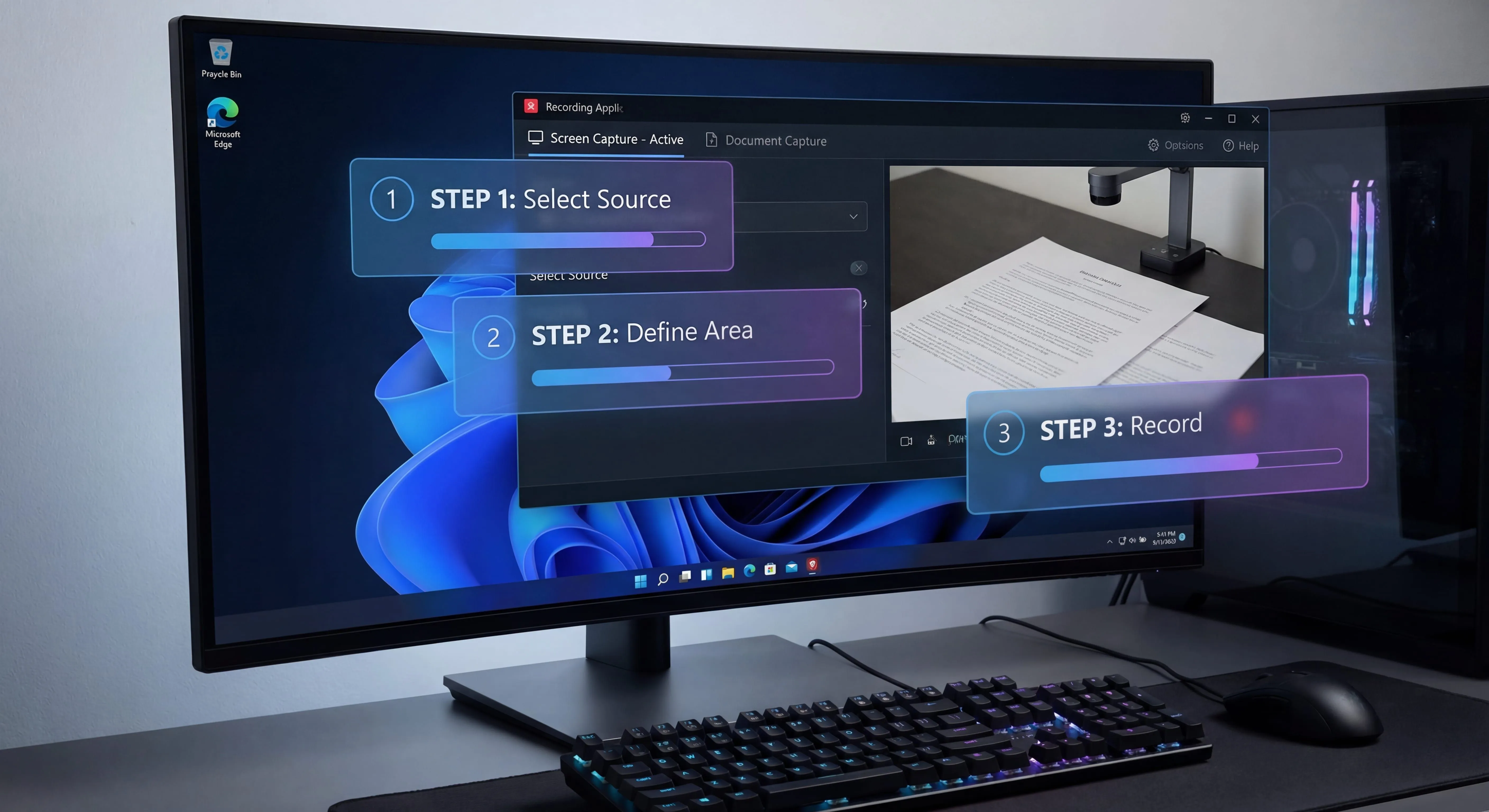 Windows Steps Recorder guide showing screen capture and documentation process