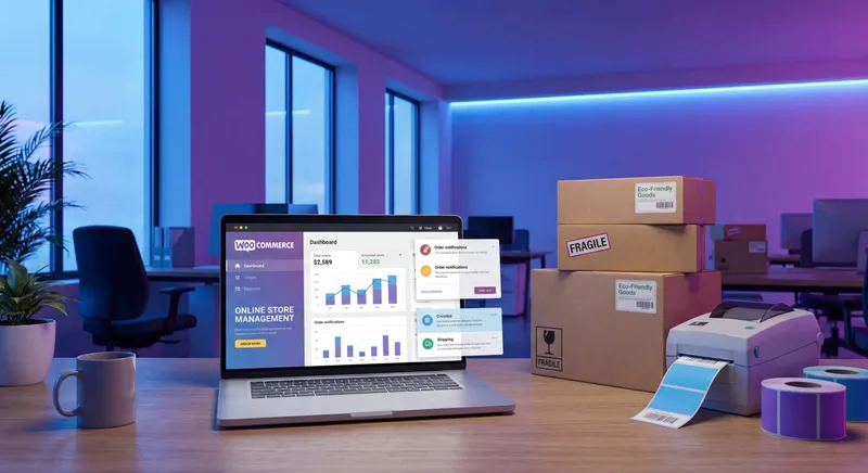 WooCommerce dashboard on laptop with product inventory and shipping labels in modern e-commerce workspace