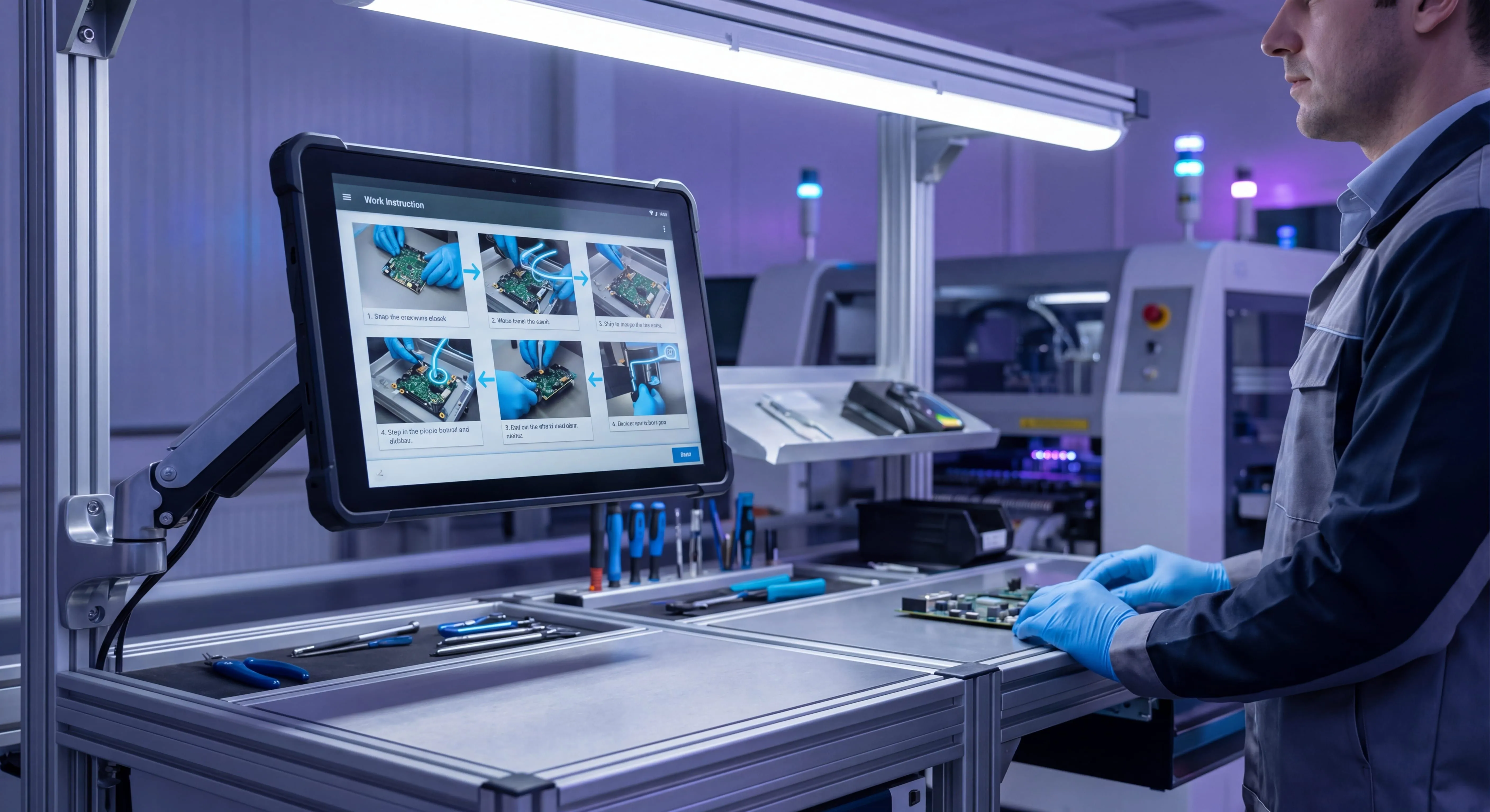 Work instruction template on a tablet at a manufacturing workstation with annotated step-by-step photos