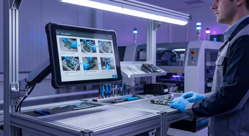 Work instruction template on a tablet at a manufacturing workstation with annotated step-by-step photos