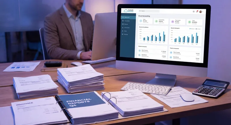 Cloud accounting software training workspace with Xero invoices and financial reports on screen