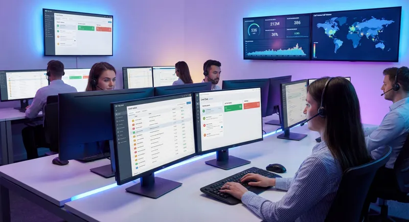 Customer support workspace with Zendesk ticket queues and help desk dashboards on multiple screens
