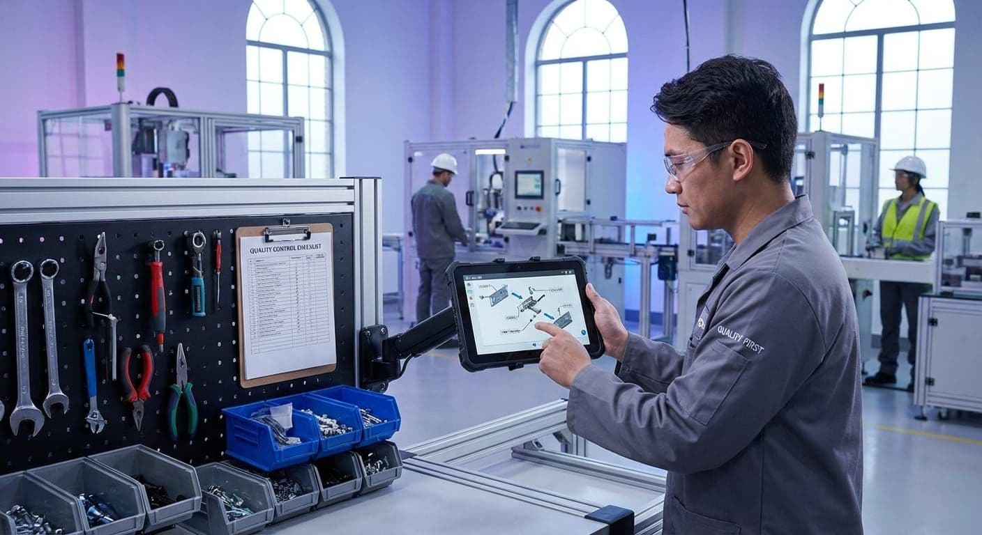 Worker following visual work instructions on tablet in organized manufacturing workspace