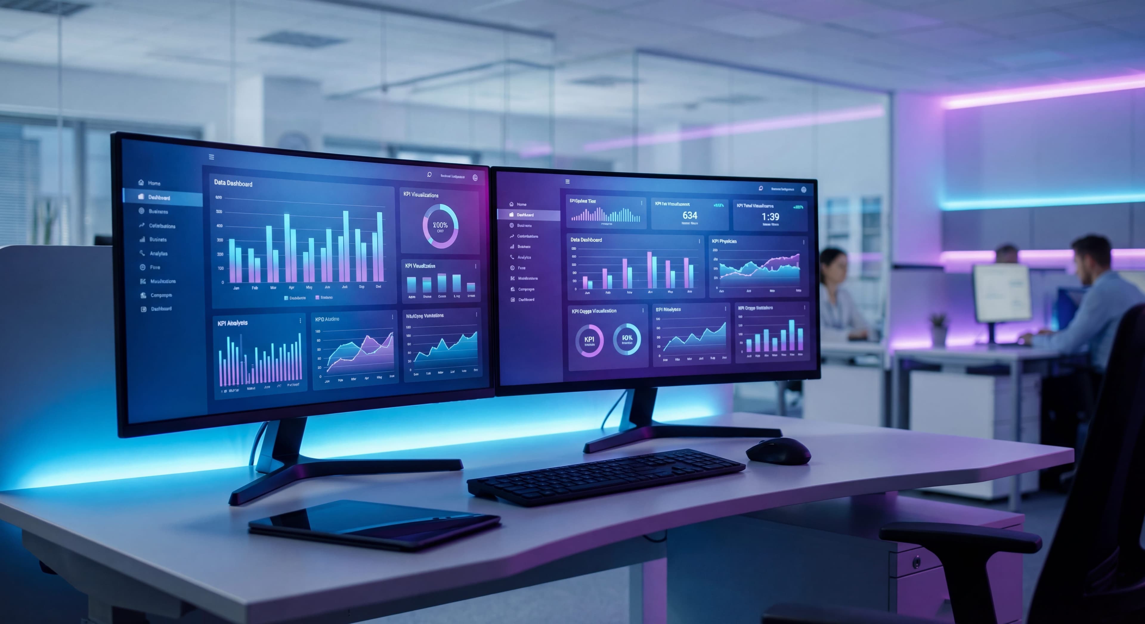 Business intelligence dashboard workspace with Power BI data visualizations and charts on monitor