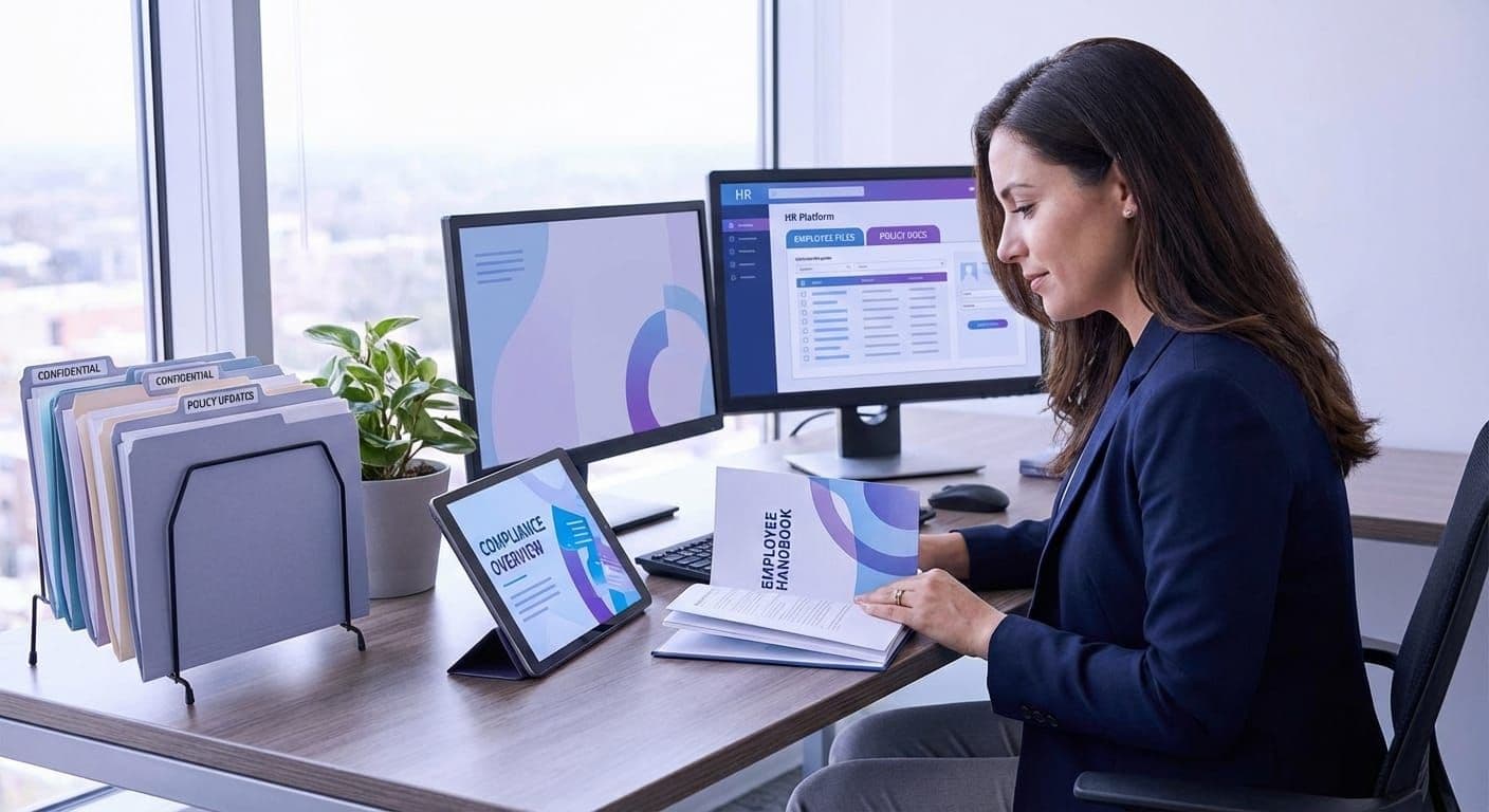 HR documentation best practices with employee handbook and policy documents in organized workspace