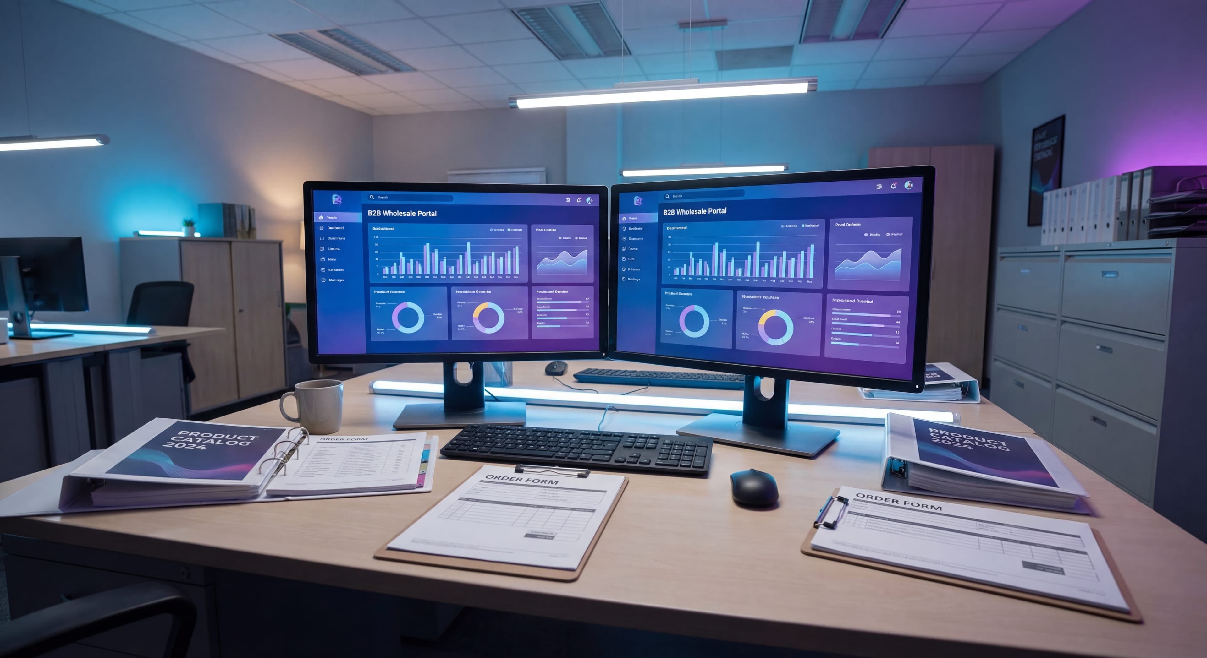 Wholesale operations office with B2B order management platform on screen and product catalog visible