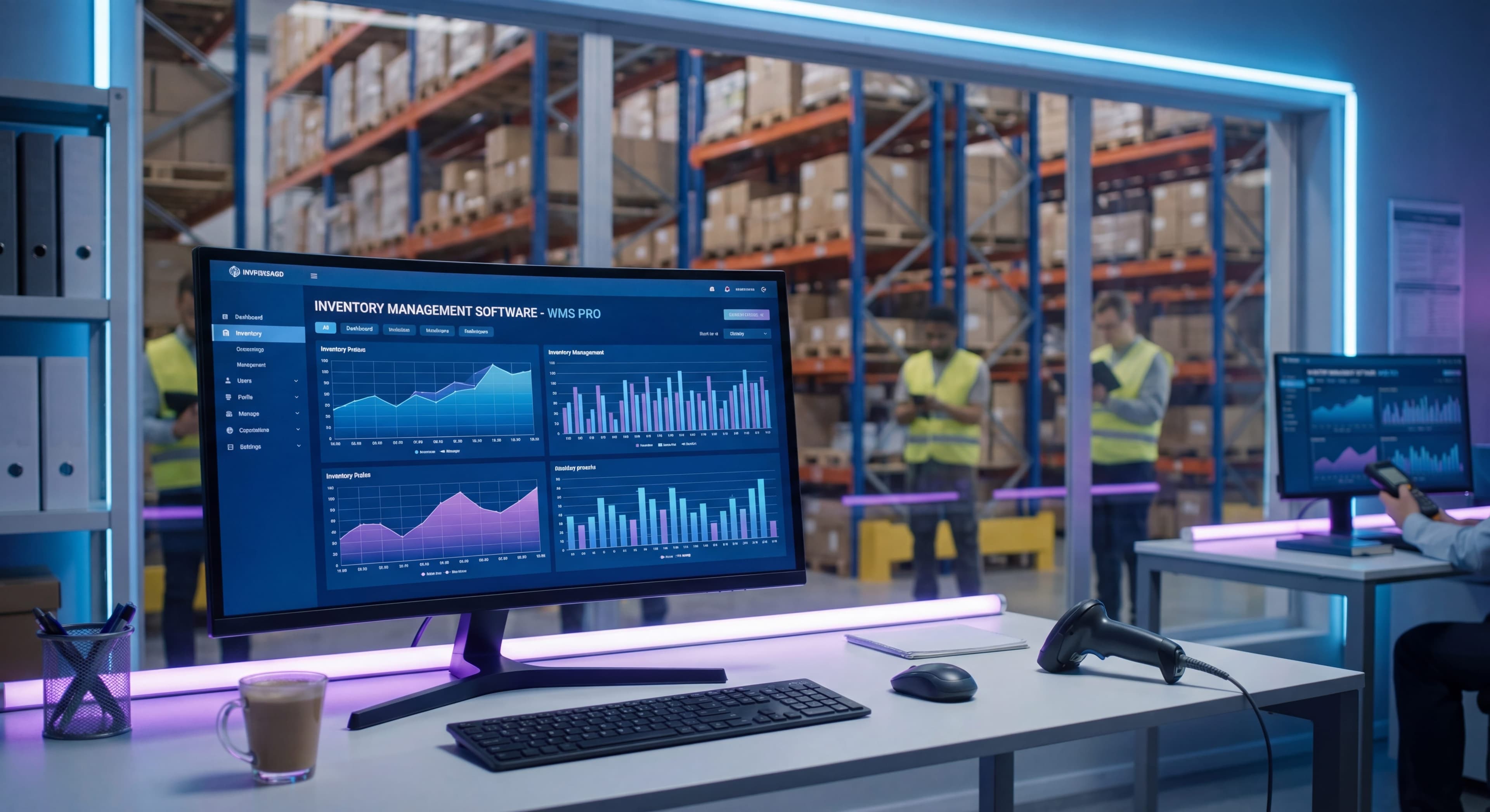 Warehouse operations workspace with inventory management software on screen and shelving in background