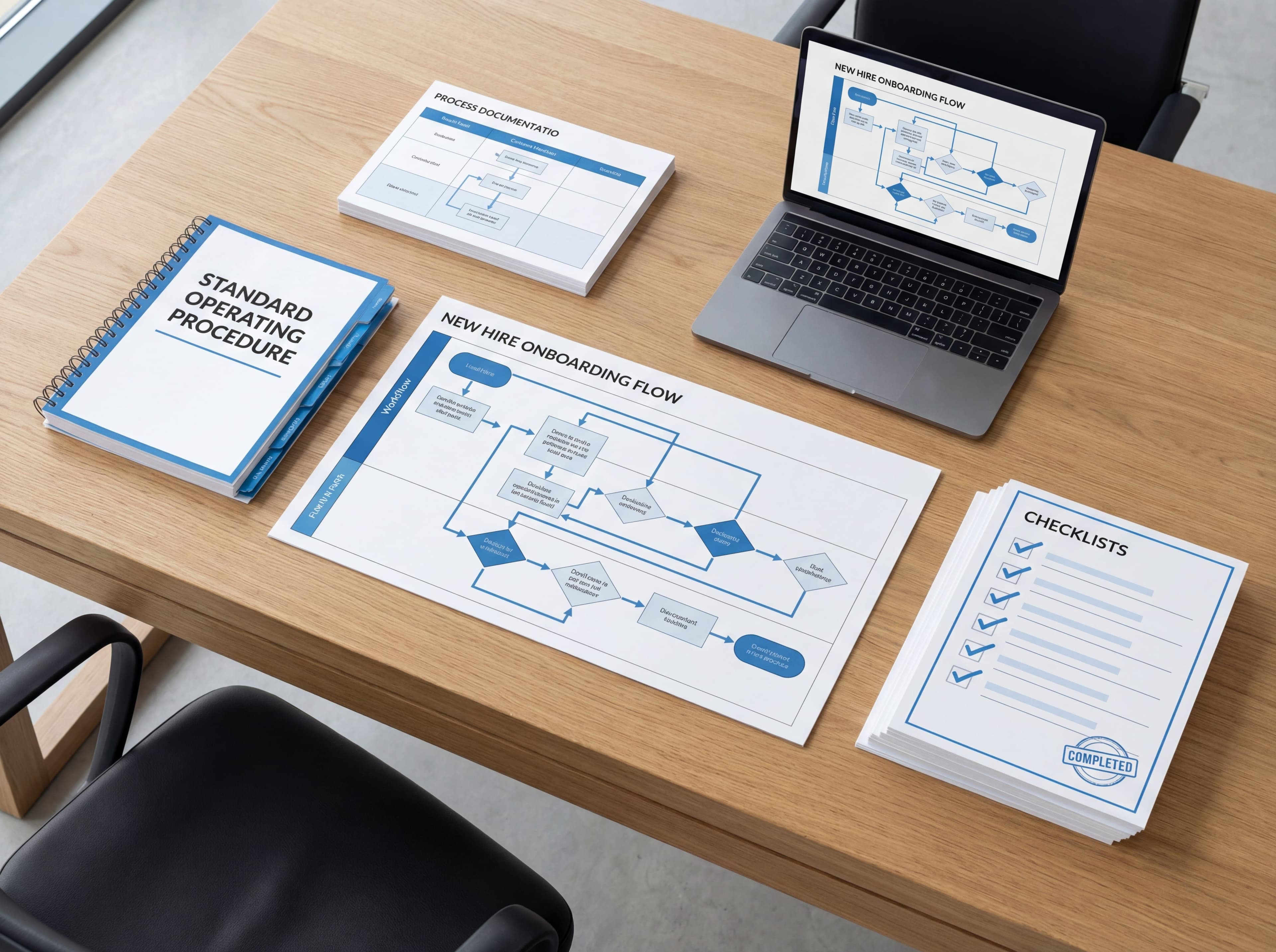 Process documentation templates collection showing organized SOP and checklist forms on modern workspace