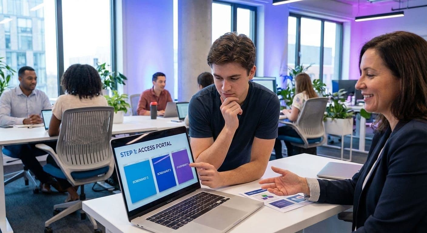 New hire learning from visual documentation guides on laptop in modern office training session