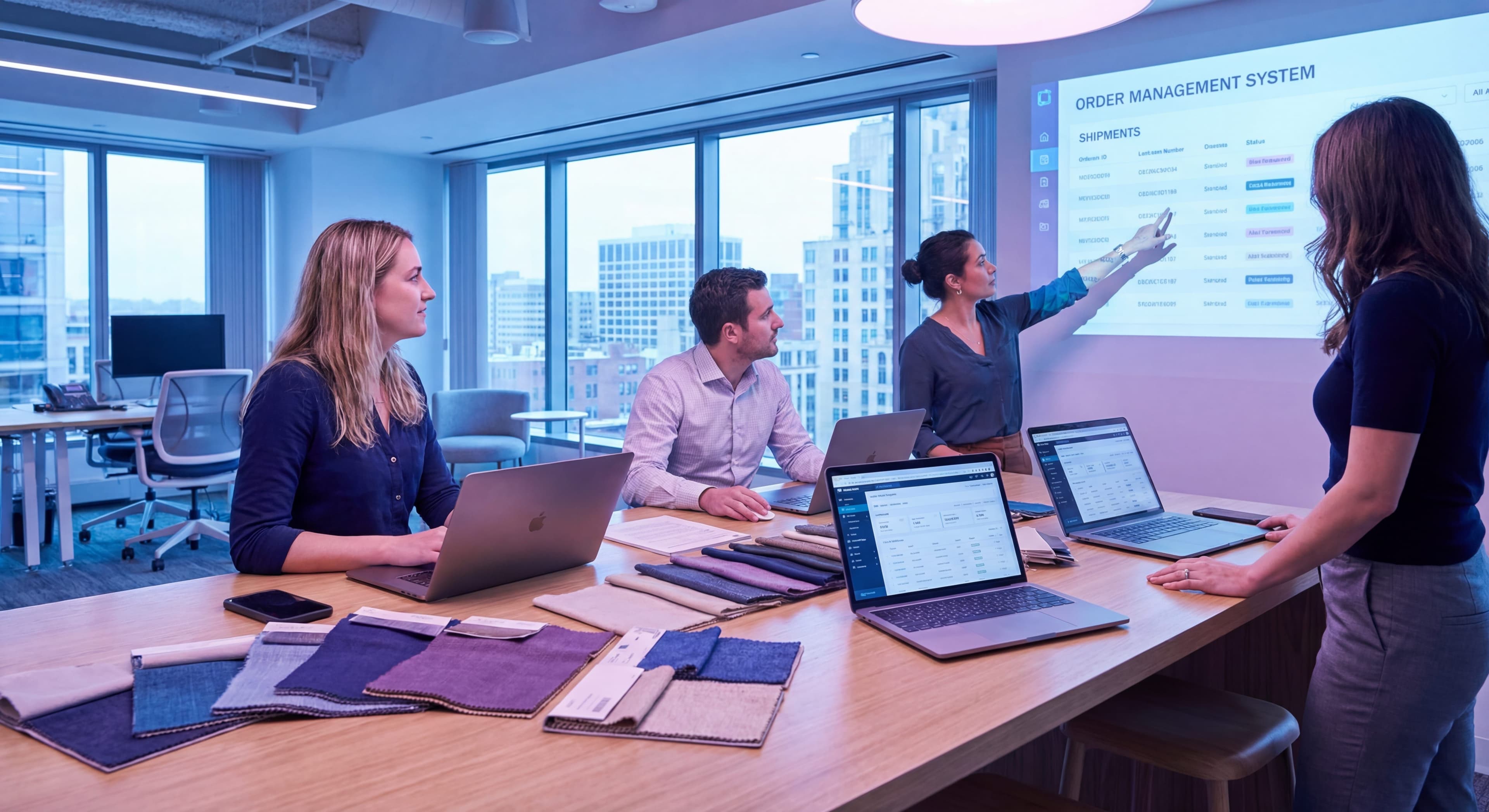 Fashion wholesale team training on UpHance order management software in a modern office