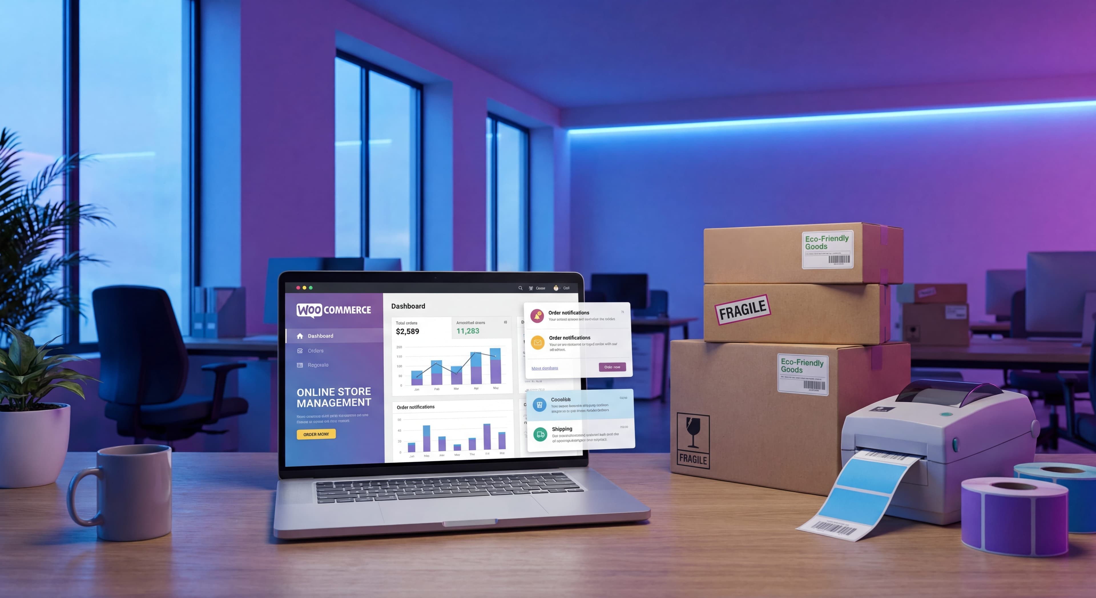 WooCommerce dashboard on laptop with product inventory and shipping labels in modern e-commerce workspace
