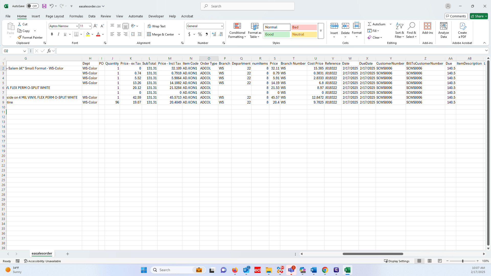 Step #24: Scroll to the right and double check that all the item code values are filled in for each row.