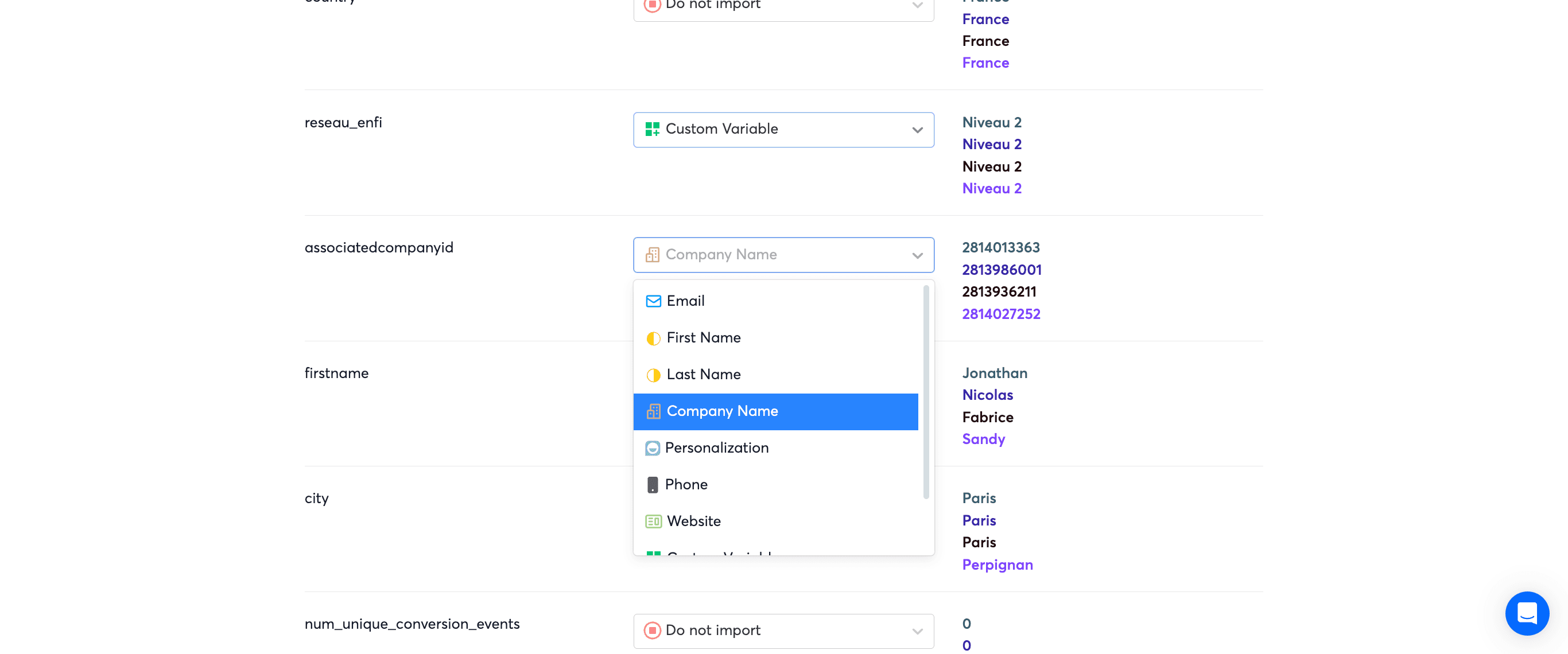 Step #10: Exemple : "Companyid" c'est mappé sur "Company Name", ce qui est faux.On fait alors "do not import"En revanche on veut "reseau_enfi" donc on le mappe en "custom variable"