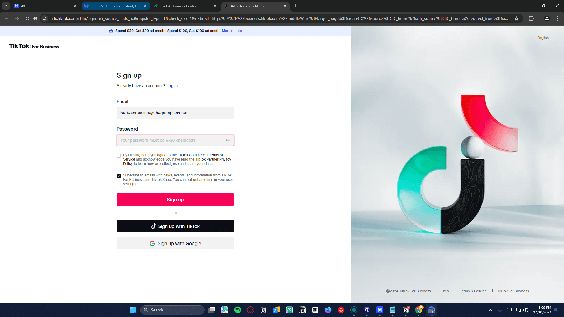 Step #6: For the password go back to Mail.tm