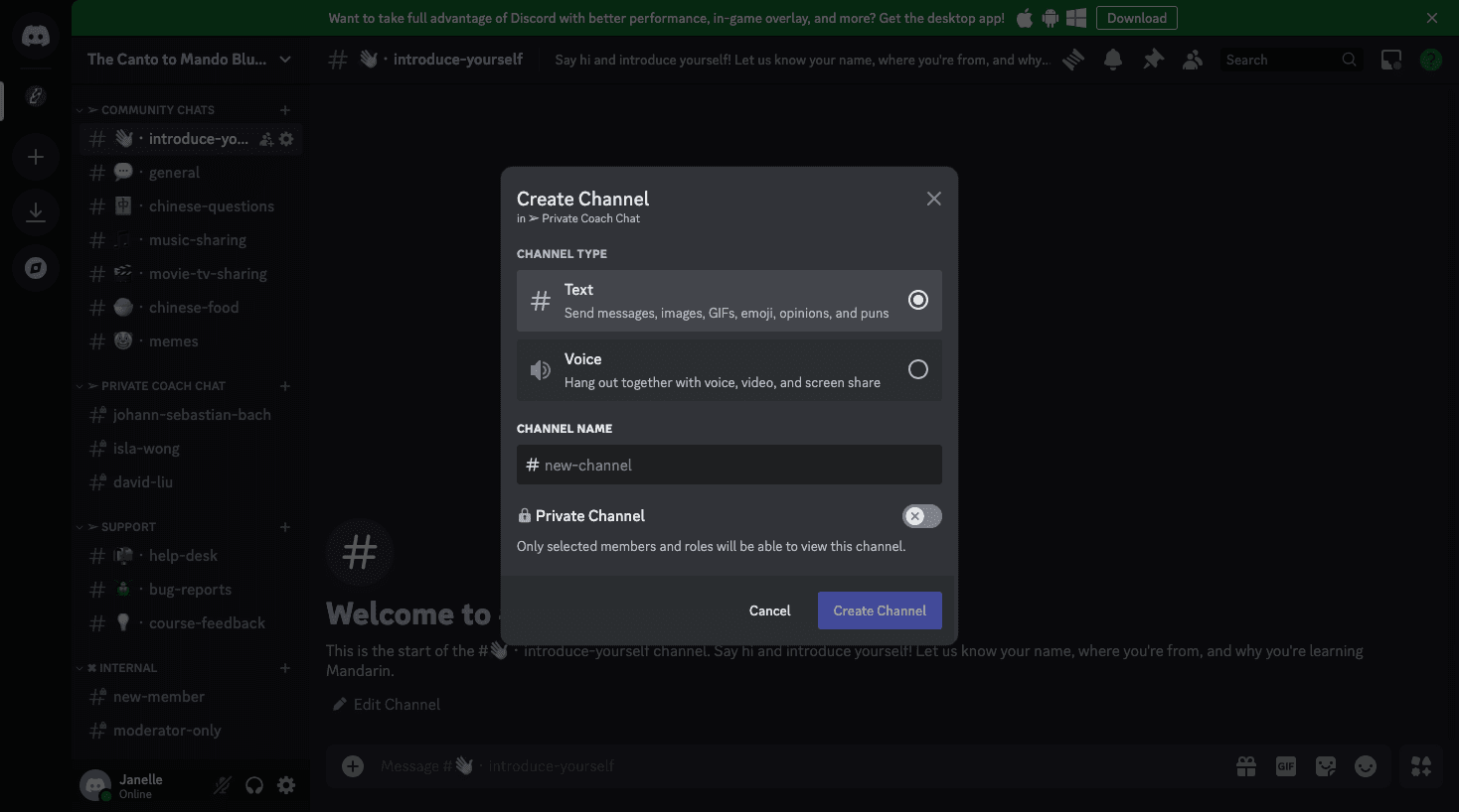 Step #10: Select "Text Channel," then enter the student's full name as the channel name (spaces will automatically turn into hyphens in channel names, and there will be no capital letters).
