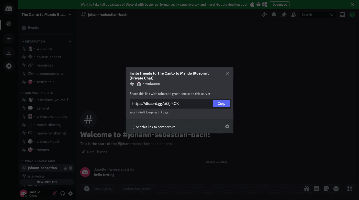 Step #4: By default, the invitation expires in seven days. However, you should set it to never expire.