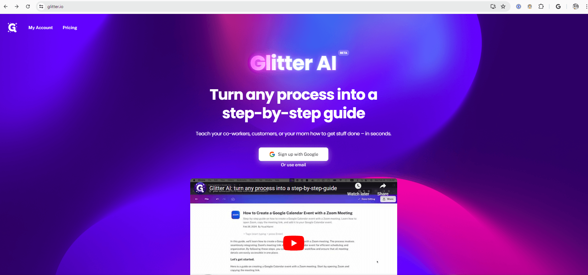 Step #1: Navigate to glitter.io and sign up with your email, or select "My Account" if you already have.
