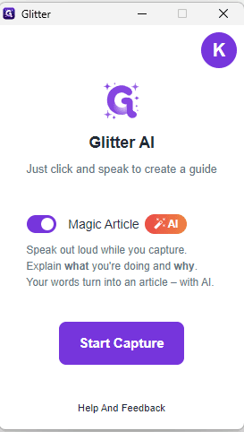 Step #2: Open the Glitter AI application from your start menu or desktop shortcut