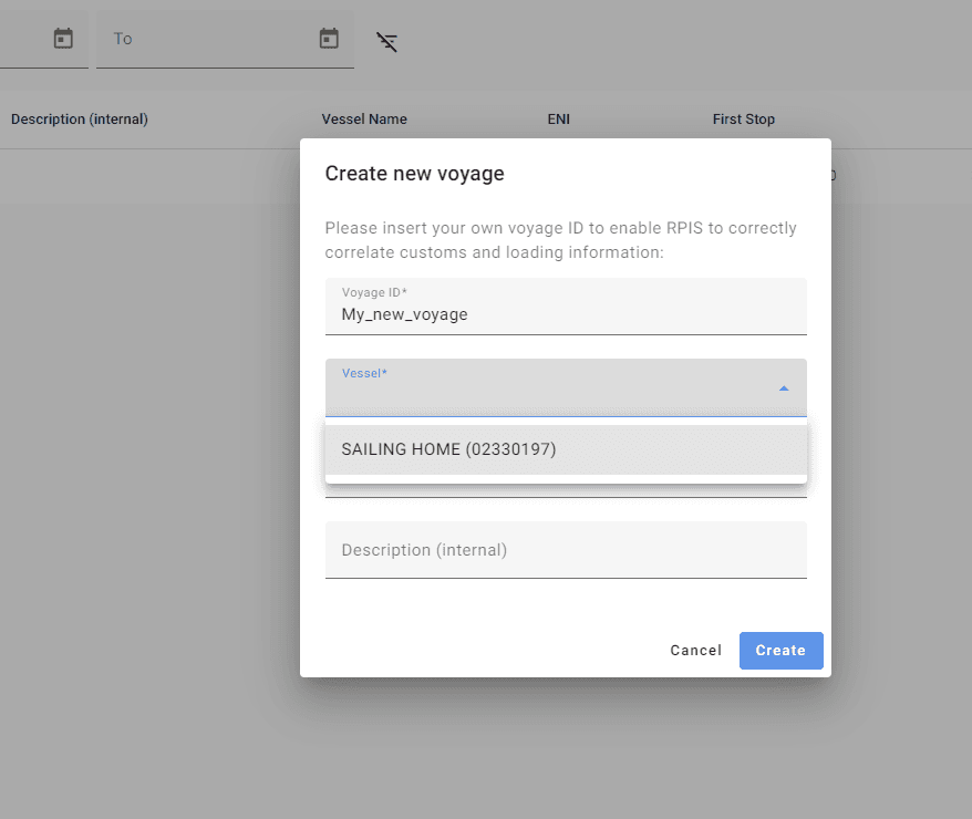 Step #3: Enter a Voyage ID (free text field) and select your vessel from the dropdown menu.