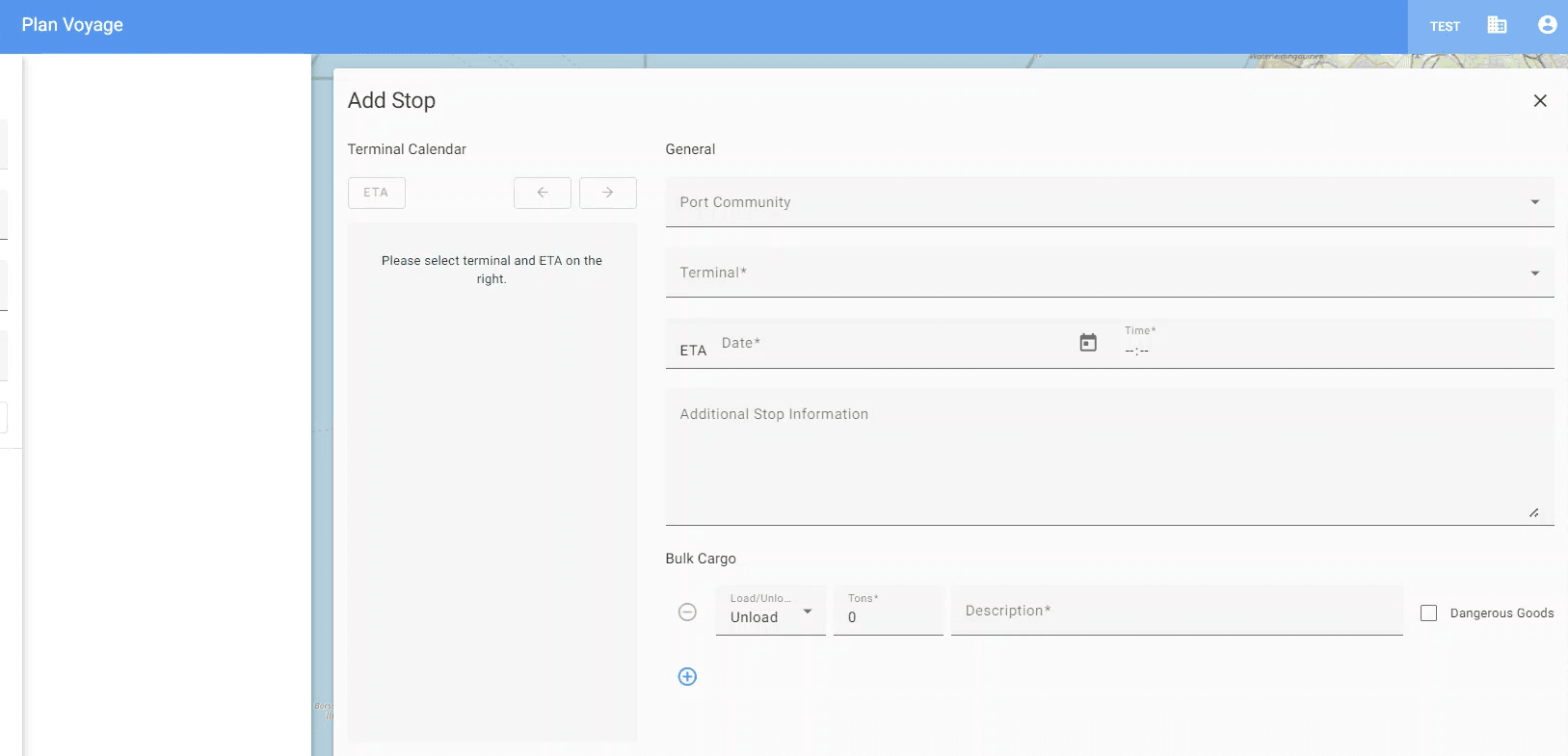 Step #6: Enter the stop details: Select the relevant port community (port) and the terminal (handling facility). Enter the ETA and the handling details.