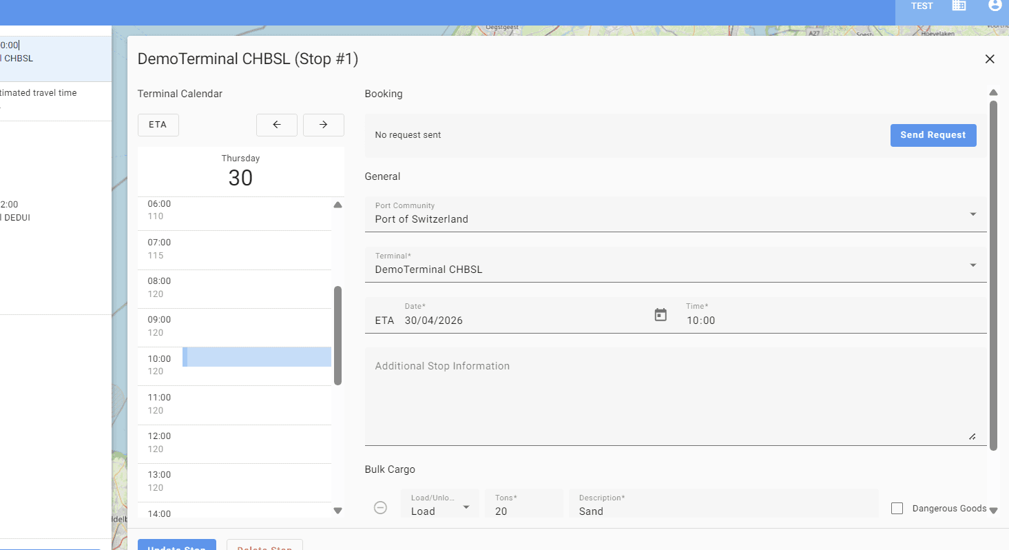 Step #9: To book a slot at the terminal, select the stop and submit your request by clicking on 'Send request'.