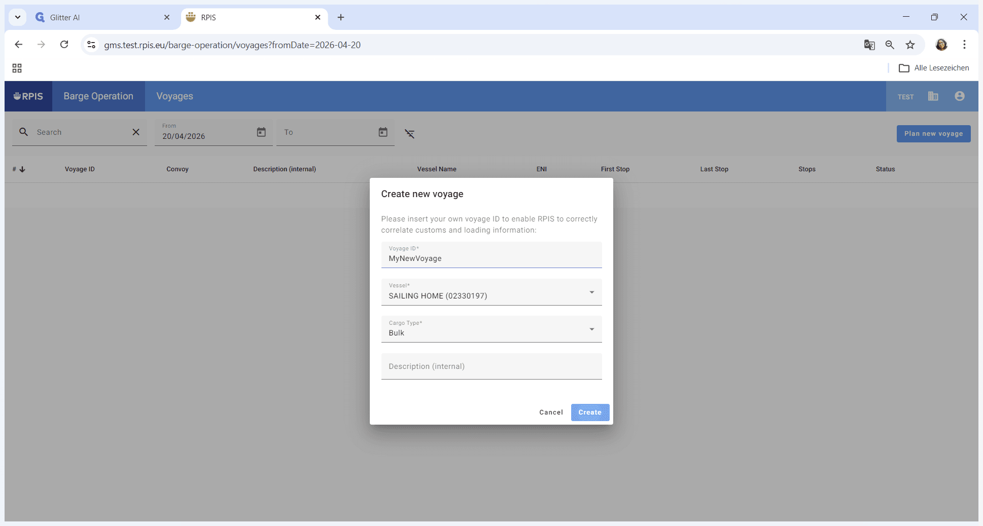 Step #4: Select the cargo type for the new voyage and click on 'Create'.