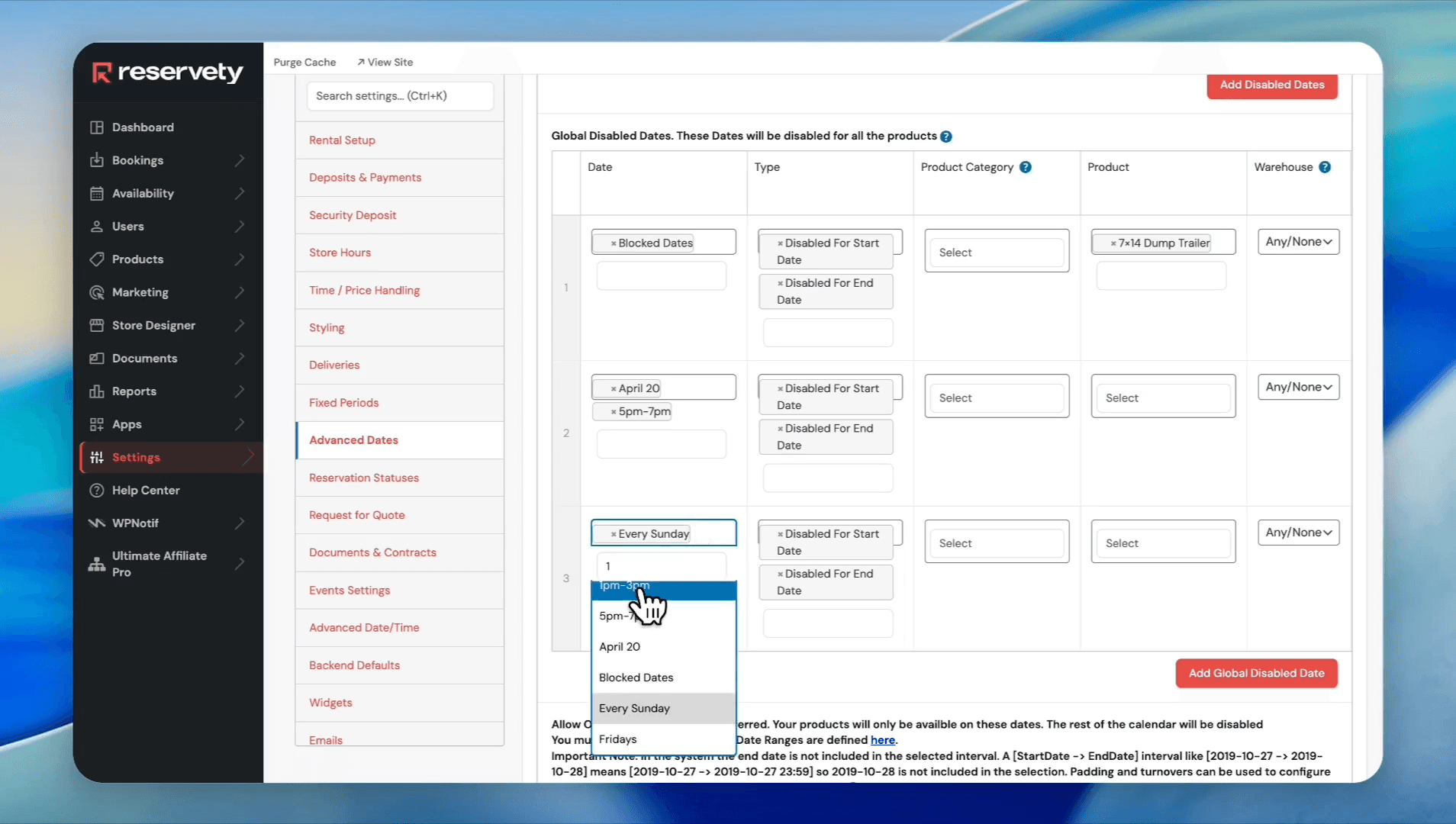 Step #33: Search for and select Every Sunday in the date field. Select 1 pm-3 pm from the time range dropdown