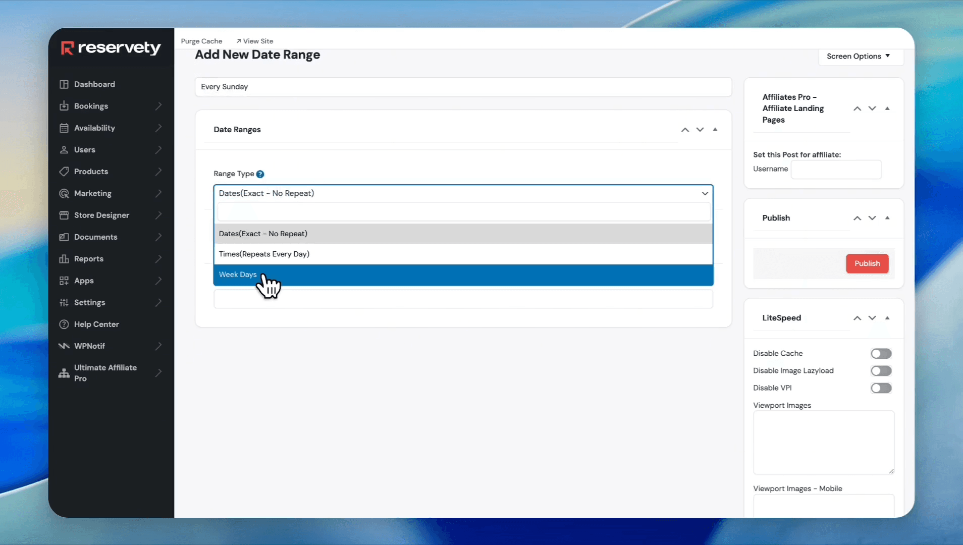 Step #22: Type a title like "Every Sunday". Select Week Days from the Range Type dropdown