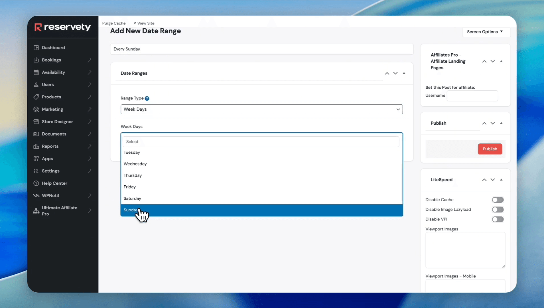 Step #23: Select Sunday from the weekdays dropdown