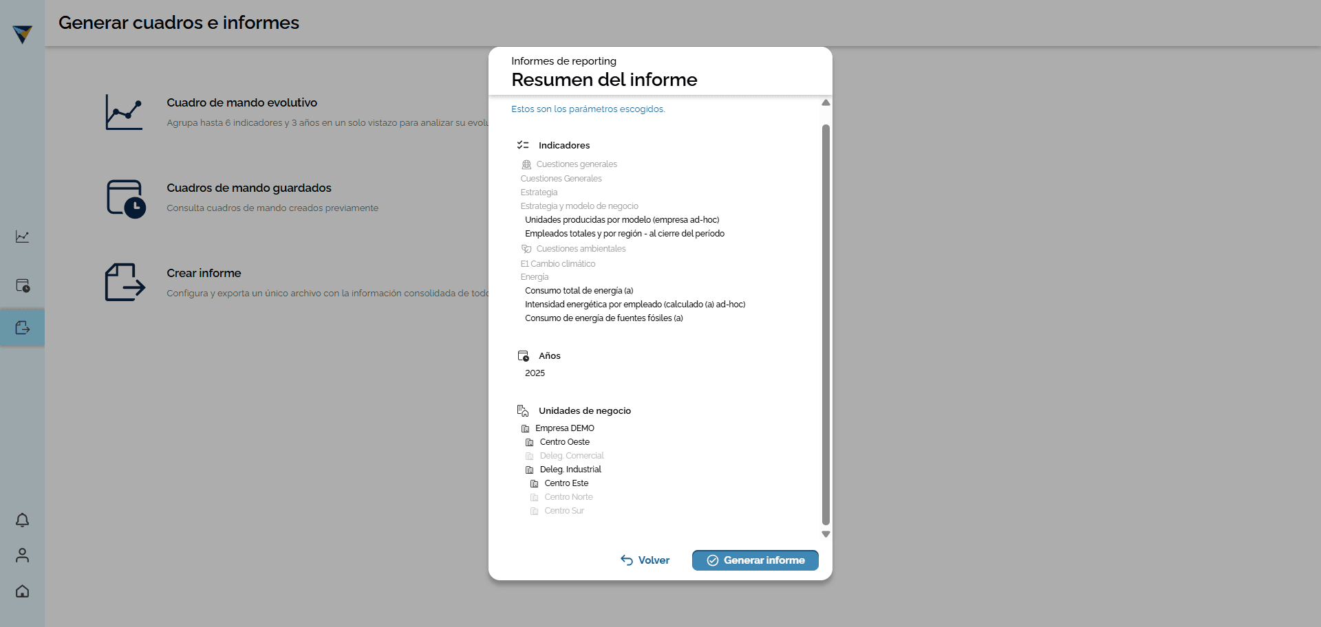 Step #9: En el resumen final se mostrarán los indicadores y las unidades de negocio previamente seleccionados para la exportación de la información consolidada. A continuación, haz clic en "Generar informe" para comenzar.
