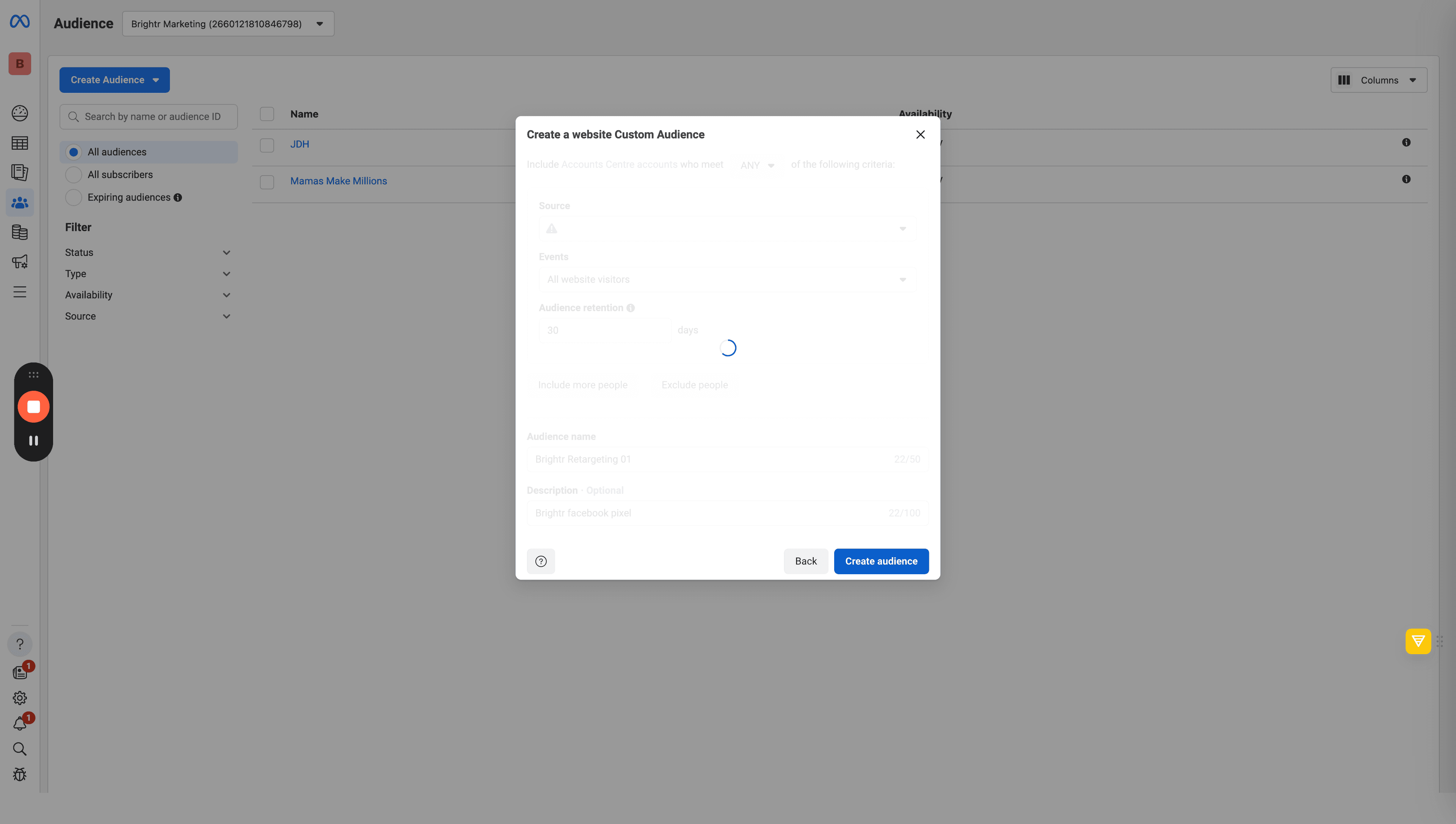 Step #9: Click the Blue Button to create your audience